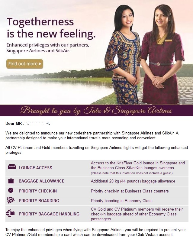 vistara club singapore airlines status match