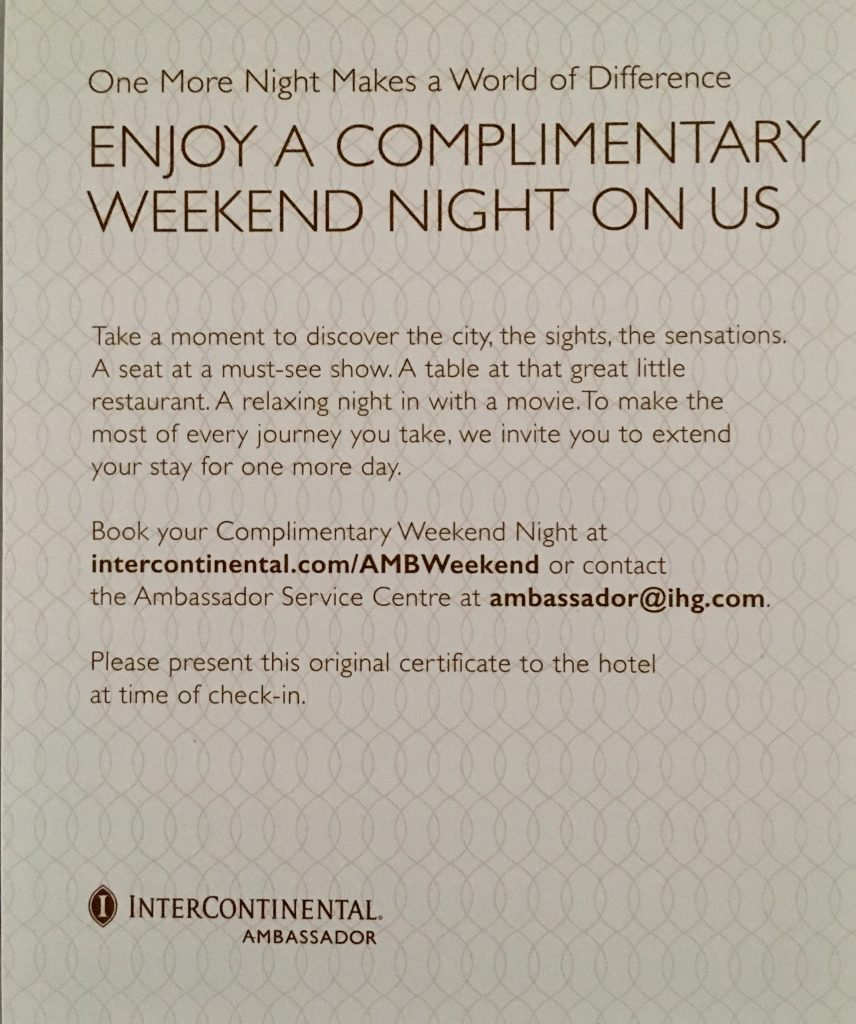 ihg rewards Club amb Ambassador Status gold InterContinental Hotel Certificate