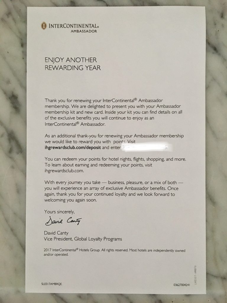 ihg rewards Club amb Ambassador Status gold InterContinental Hotel Certificate